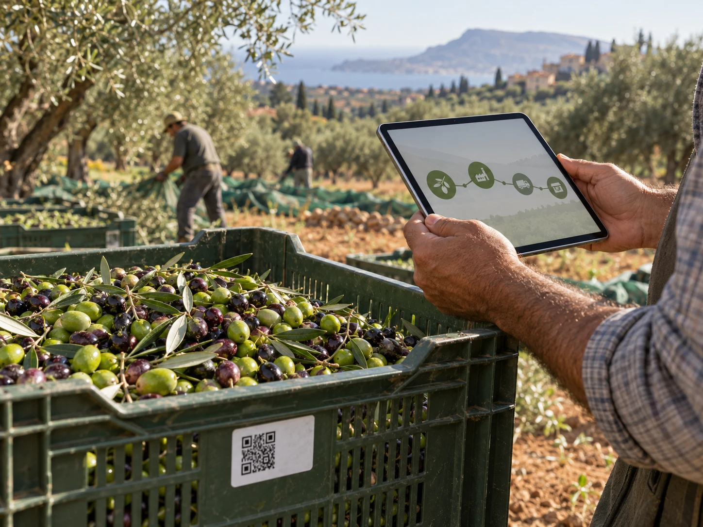 Raccolta delle olive e consultazione dei dati di filiera su tablet