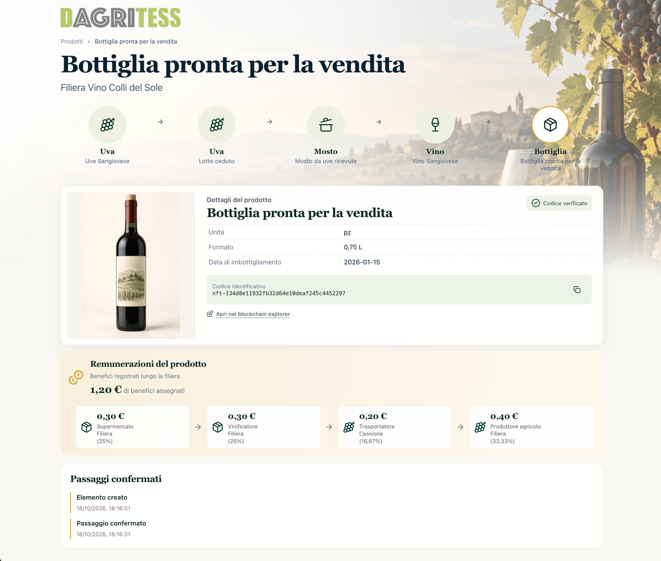 Schermata Dagritess con tracciabilità di una bottiglia di vino, remunerazioni e passaggi confermati
