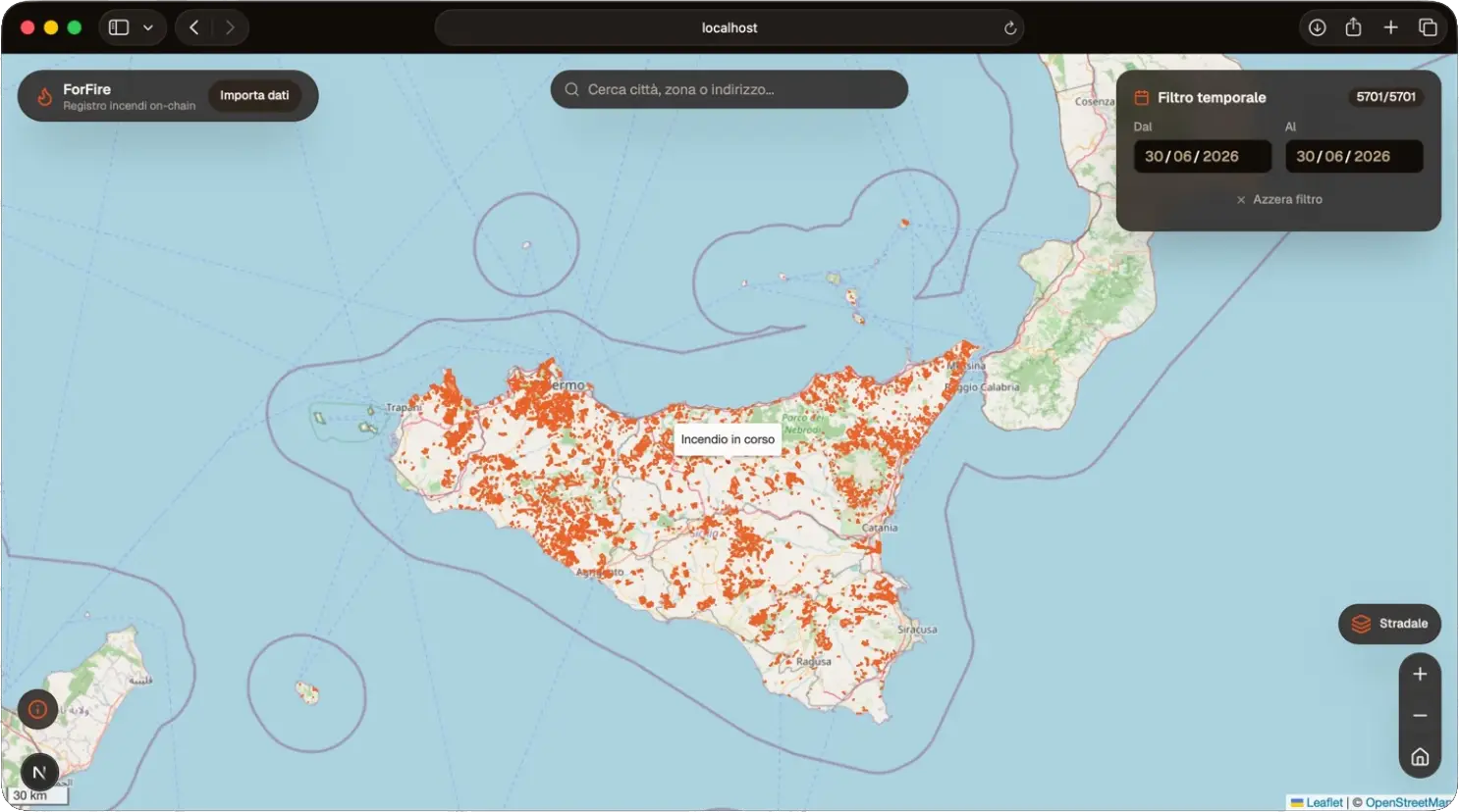 Prototipo della piattaforma SEEDS: mappa degli incendi in Sicilia