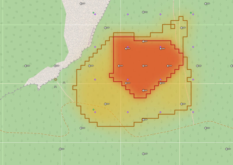 Esempio dalle slide FORFIRE-AI: area dell’incendio in rosso e contorno della possibile propagazione