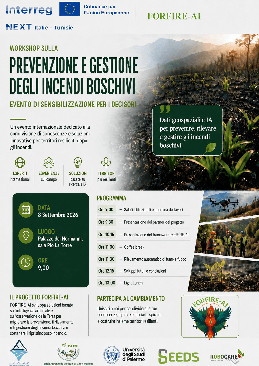 Locandina del workshop FORFIRE-AI dell’8 settembre 2026, Palazzo dei Normanni, Palermo